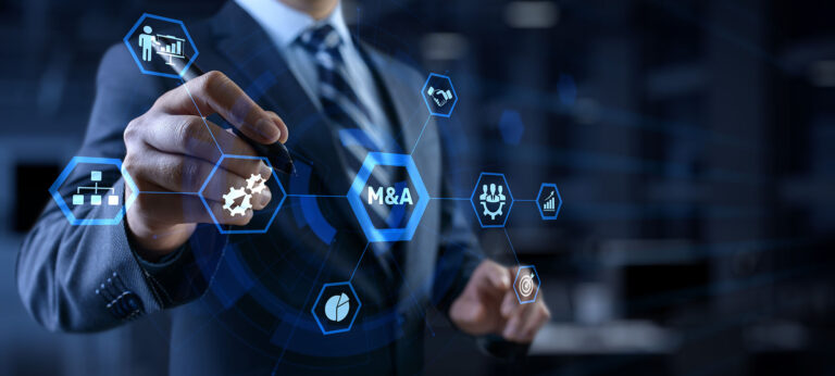 M&A Merger and acquisition business finance concept. Businessman pressing button